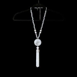 Chico's RARE White Silver Long Beaded Tassel Necklace Mother of Pearl Sh…